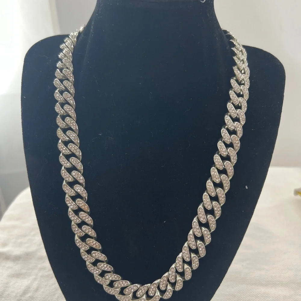Miami Cuban Link Silver tone with rhinestones Necklace.